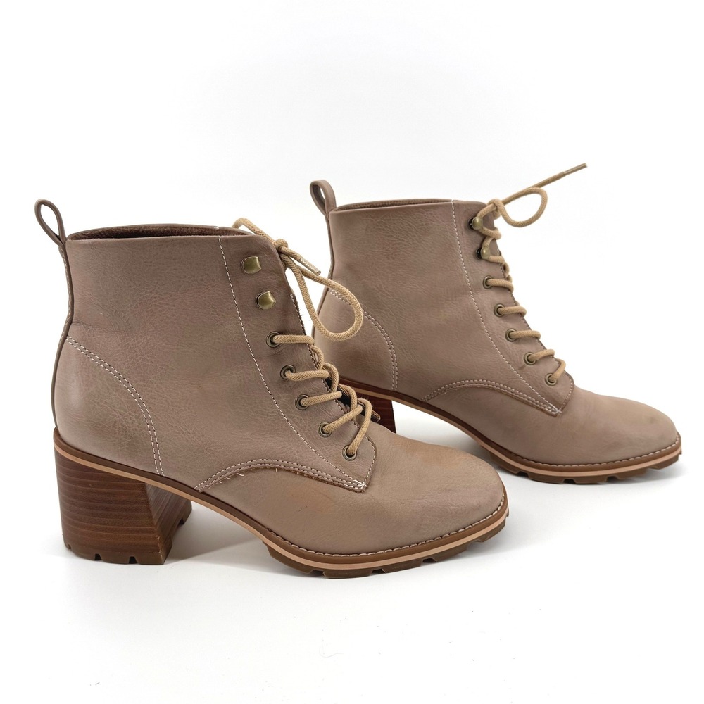 Korks Lace Up Ankle Boots Women 10 Taupe Block Heel Streetwear Beige Chelsea 90s